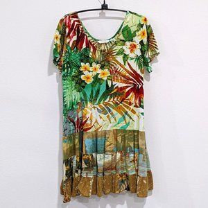 Jams World Hattie Na Pali Shift Dress Hawaiian Floral Brown and Green Size Small